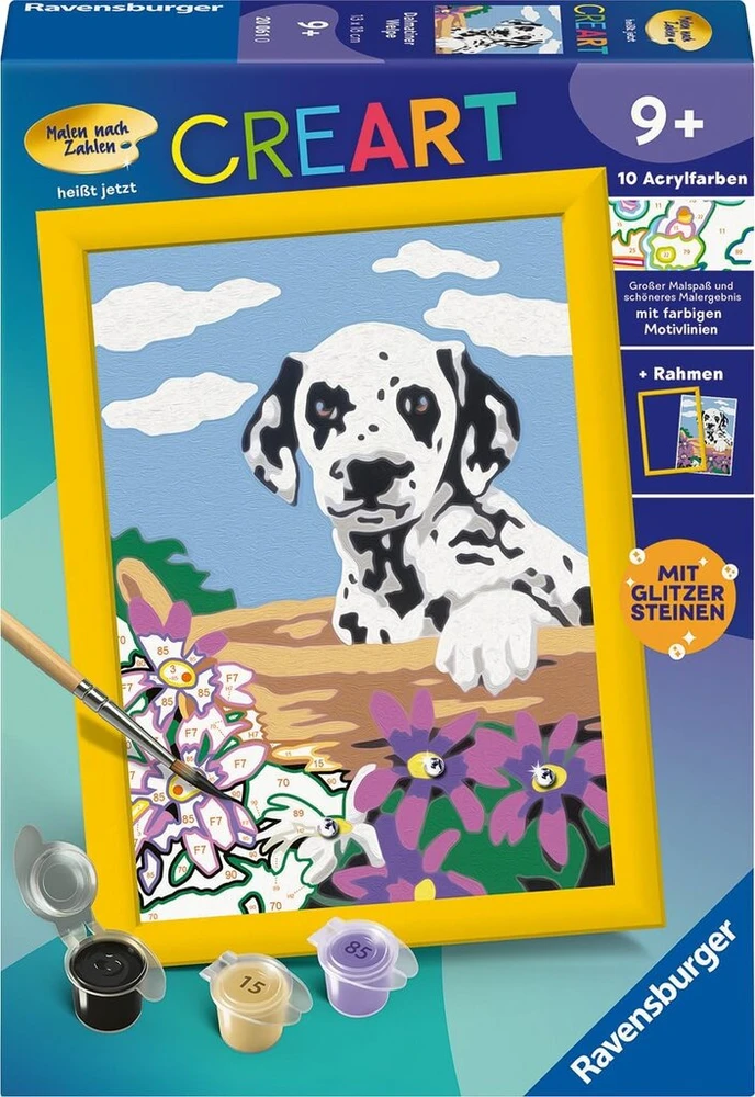 Ravensburger Creart 20061 Dalmatinas šuniukas piešimas pagal skaičius vaikams nuo 9 metų, piešimo rinkinys su rėmeliu, teptuku ir akriliniais dažais, dovana mergaitėms ir berniukams, su blizgučiais