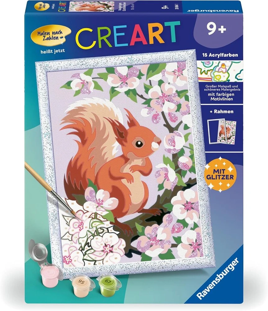 Ravensburger Creart 20064 - smalsi voverė - piešimas pagal skaičius nuo 9 metų, piešimo rinkinys su rėmeliu, teptuku ir akriliniais dažais, dovana mergaitėms ir berniukams, su blizgučiais
