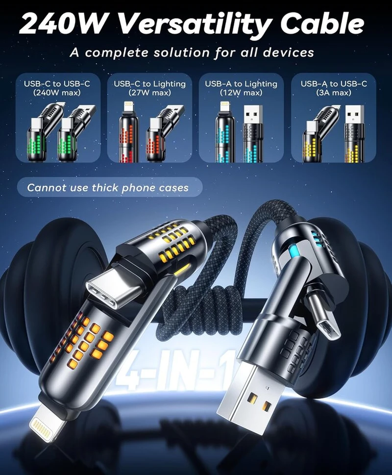 Raviad multi usb kabelis 4 viename universalus įkrovimo kabelis [2 m] 240 w usb greito įkrovimo kabelis su rgb led lempute usbc/usba į lightning, usbc/usba į usb c, skirtas iphone 16/15/14, galaxy 24/23, nešiojamam kompiuteriui