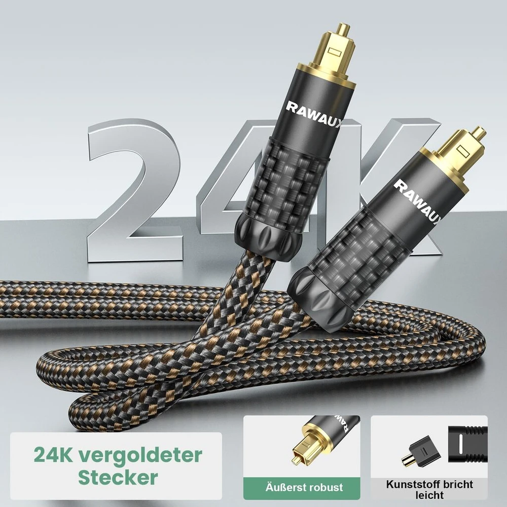 Rawaux toslink optinis audio kabelis, 2 m, optinis kabelis, skaitmeninis s/pdif audio kabelis, paauksuota 24 k jungtis, pintas kabelis, skirtas garso juostai, televizoriui, namų kinui, stiprintuvui