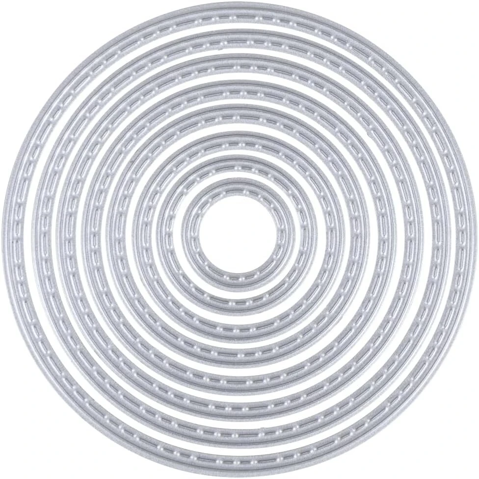 Rayher 50283000 pjovimo formelės „apskritimas su dygsniais krašte“, 8 vnt., apskritimai 1,6–7,1 cm skersmens, skirti popieriaus dizainui, atvirukų gamybai, scrapbooking'ui ir kt., reljefiniai trafaretai, plienas