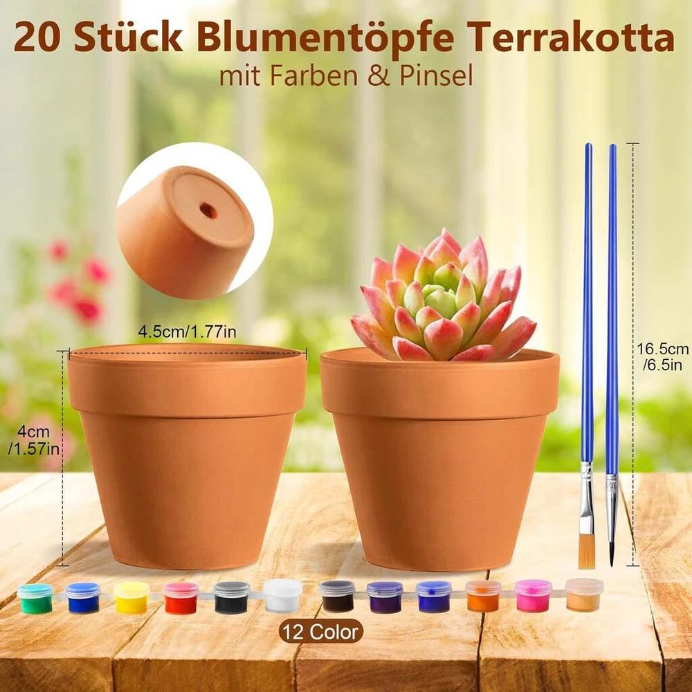 Realure 20 molinių vazonų rinkinys sukulentams, 4,5 x 4 cm, maži terakotiniai vazonai su spalvomis ir teptuku, terakotiniai vazonai su drenažo skylute, molinis vazonas sukulentams, kaktusams, vidaus