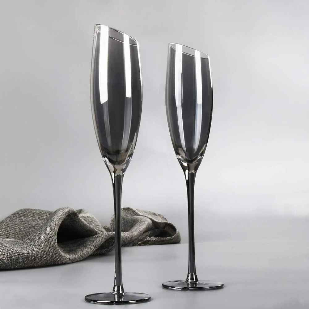 Reawow krištolinės taurės šampanui 180 ml bešvinės galvanizuotos pilkos spalvos fleitos šampanui šampano taurės su rankena dovanų rinkinys 2 vnt.