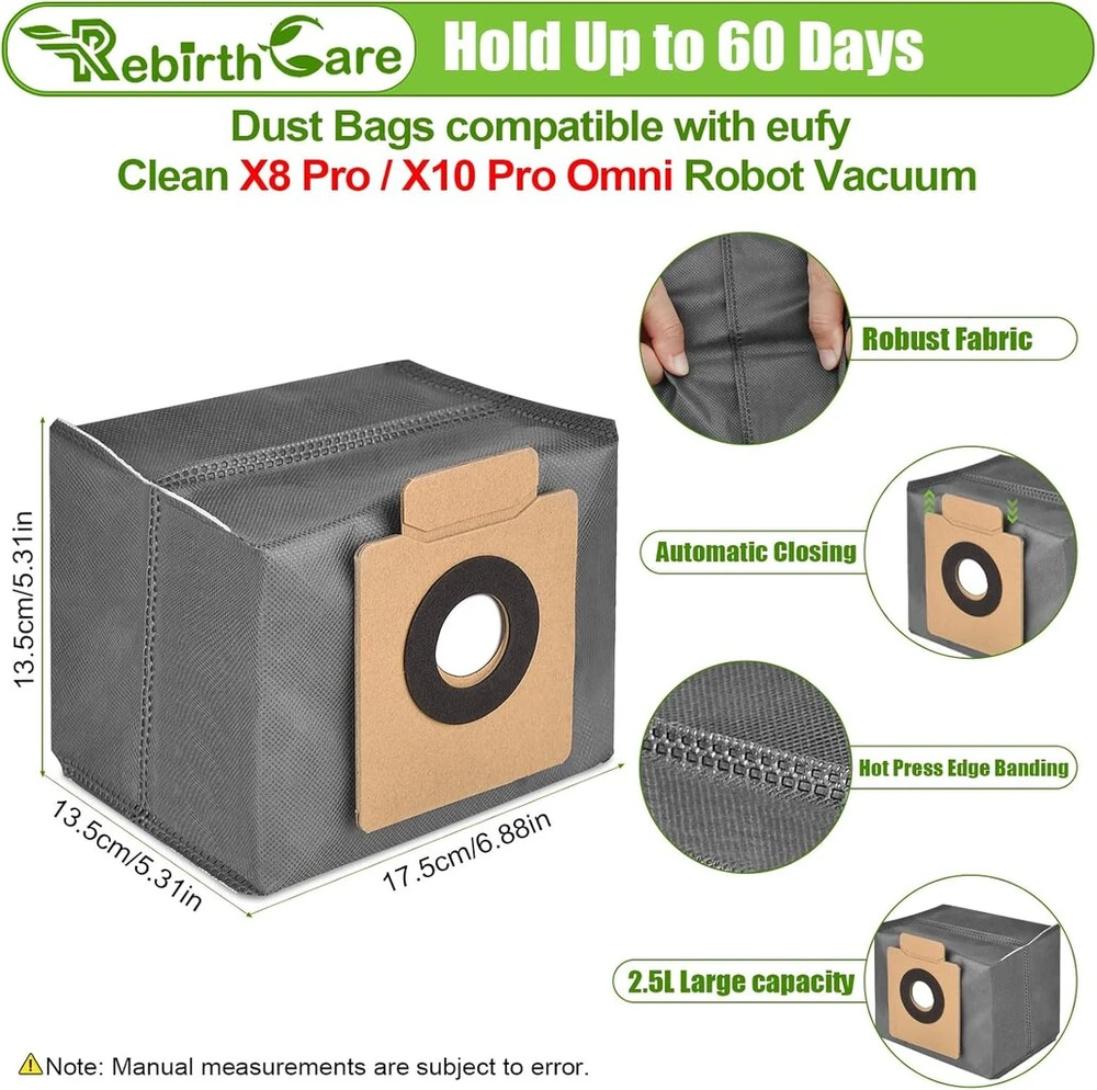 Rebirthcare 12 vnt. x 8 Pro dulkių maišelių, skirtų Eufy Clean X8 Pro / X10 Pro Omni robotui-siurbliui, pakaitiniai maišeliai, siurblių maišeliai, filtro maišelio priedai, 2,5 l talpos, su aktyvuota anglimi