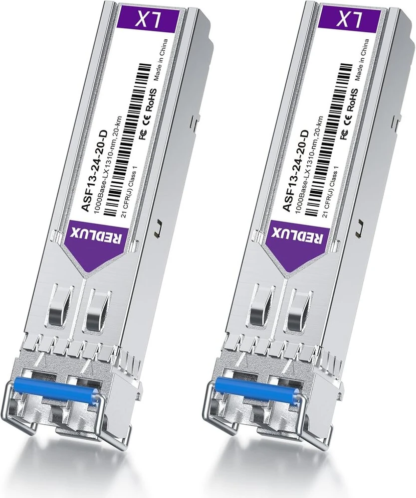 Redlux 1g Sfp Lx Singlemode Gbic modulis, 1310nm Smf, dviguba Lc jungtis, iki 20 km, suderinamas su Cisco, Meraki, Ubiquiti Unifi, Mikrotik, Fortinet, Netgear, D-link, Broadcom, Linksys, 2 vnt.