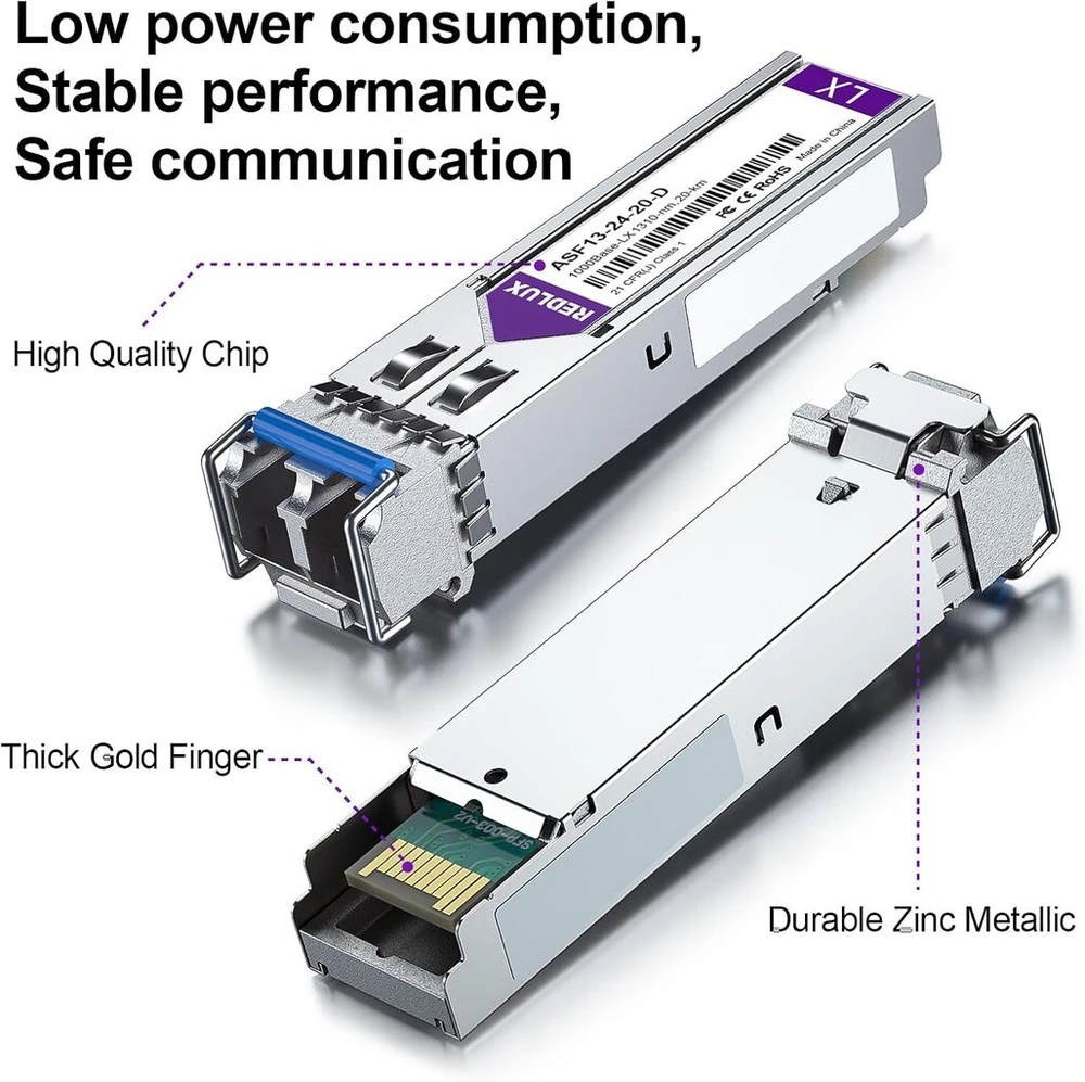 Redlux 1g Sfp Lx Singlemode Gbic modulis, 1310nm Smf, dviguba Lc jungtis, iki 20 km, suderinamas su Cisco, Meraki, Ubiquiti Unifi, Mikrotik, Fortinet, Netgear, D-link, Broadcom, Linksys, 2 vnt.