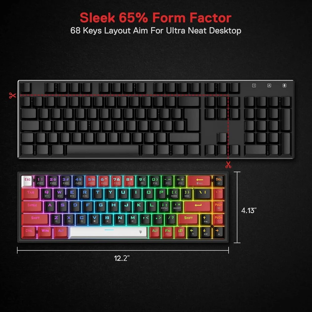 Redragon K631 Pro 65% belaidė Rgb žaidimų klaviatūra, 68 klavišų karštai keičiama kompaktiška mechaninė klaviatūra su karštai keičiamu Free-mod Pcb lizdu ir atskirais rodyklių klavišais, tylus raudonas linijinis jungiklis