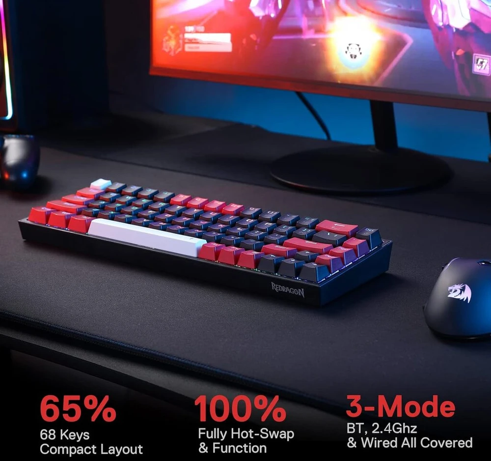 Redragon K631 Pro 65% belaidė Rgb žaidimų klaviatūra, 68 klavišų karštai keičiama kompaktiška mechaninė klaviatūra su karštai keičiamu Free-mod Pcb lizdu ir atskirais rodyklių klavišais, tylus raudonas linijinis jungiklis