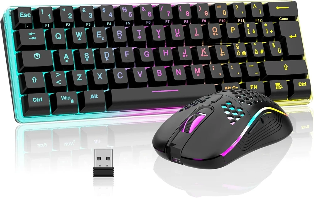 Redthunder K62 60% belaidė žaidimų pelė ir klaviatūra, Qwertz De išdėstymas, įkraunama kompaktiška žaidimų klaviatūra, itin lengva žaidimų pelė su korio struktūra, skirta Pc Mac Ps5 XBOX žaidėjams