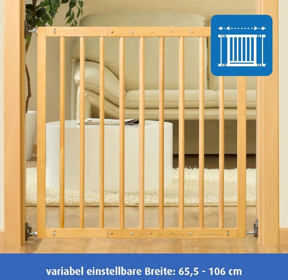 Reer Basic 46977 Apsauginiai varteliai laiptams ir durims prisukami, mediniai, stabilus laikymas, praėjimo plotis 65,5–106 cm, rudi, 65,5–106 cm