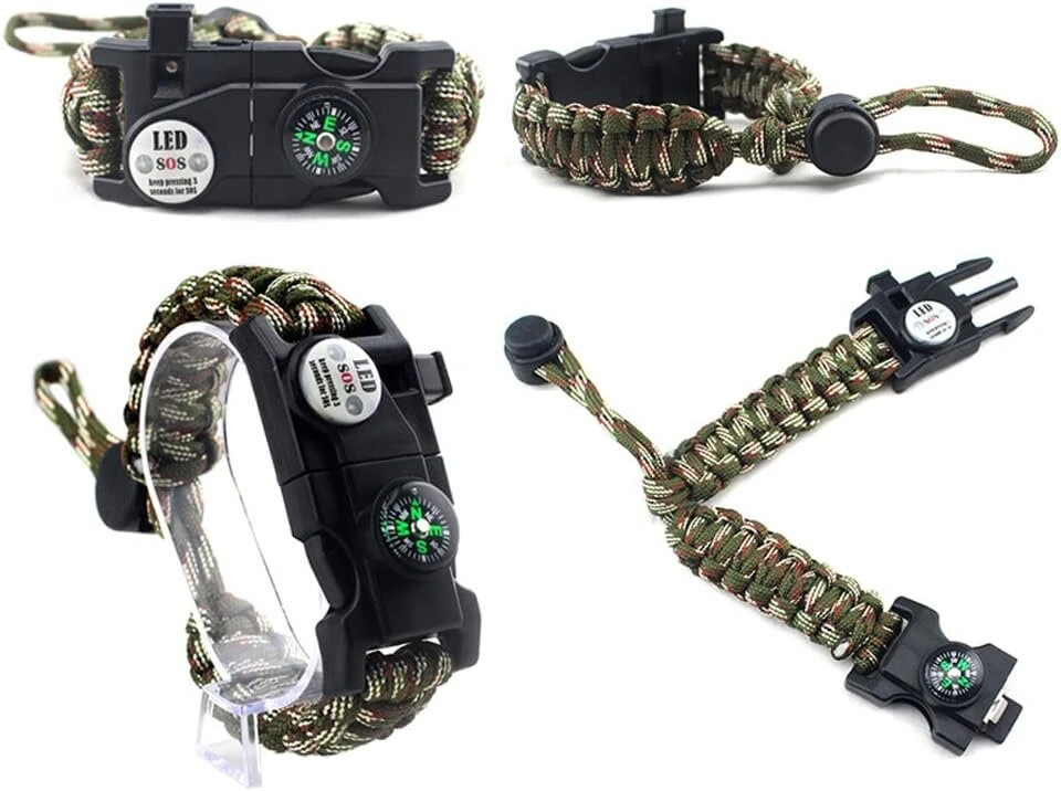 Reguliuojama išgyvenimo apyrankė, 7 gyslų paracord 20-in-1 avarinis sporto įrangos rinkinys lauko išgyvenimo rinkinys su led sos lempute, kompasu, gelbėjimo švilpuku, ugnies skeltuvu, daugiafunkciniu įrankiu laukiniams nuotykiams, nailonas