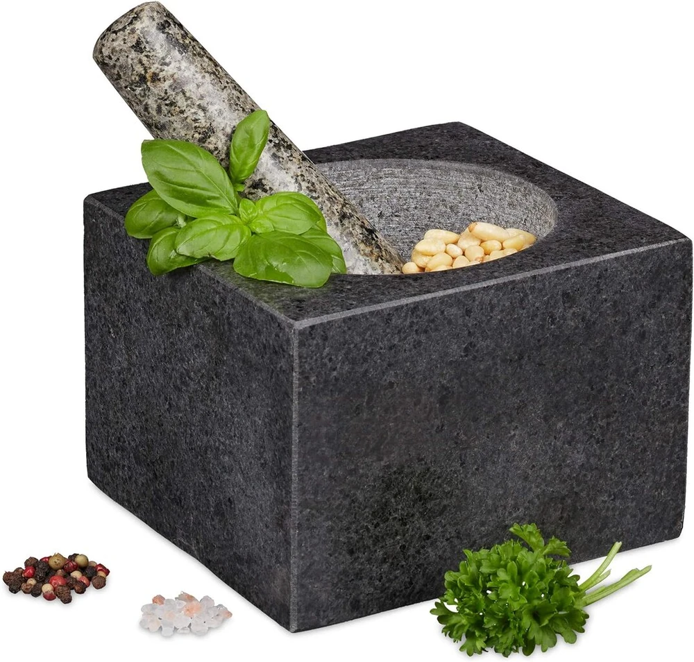 Relaxdays grūstuvas su piestele, granitas, poliruotas, prieskoniams ir žolelėms, 500 ml, akmeninis grūstuvas p x g: 14.5 x 14.5 cm, tamsiai pilkas
