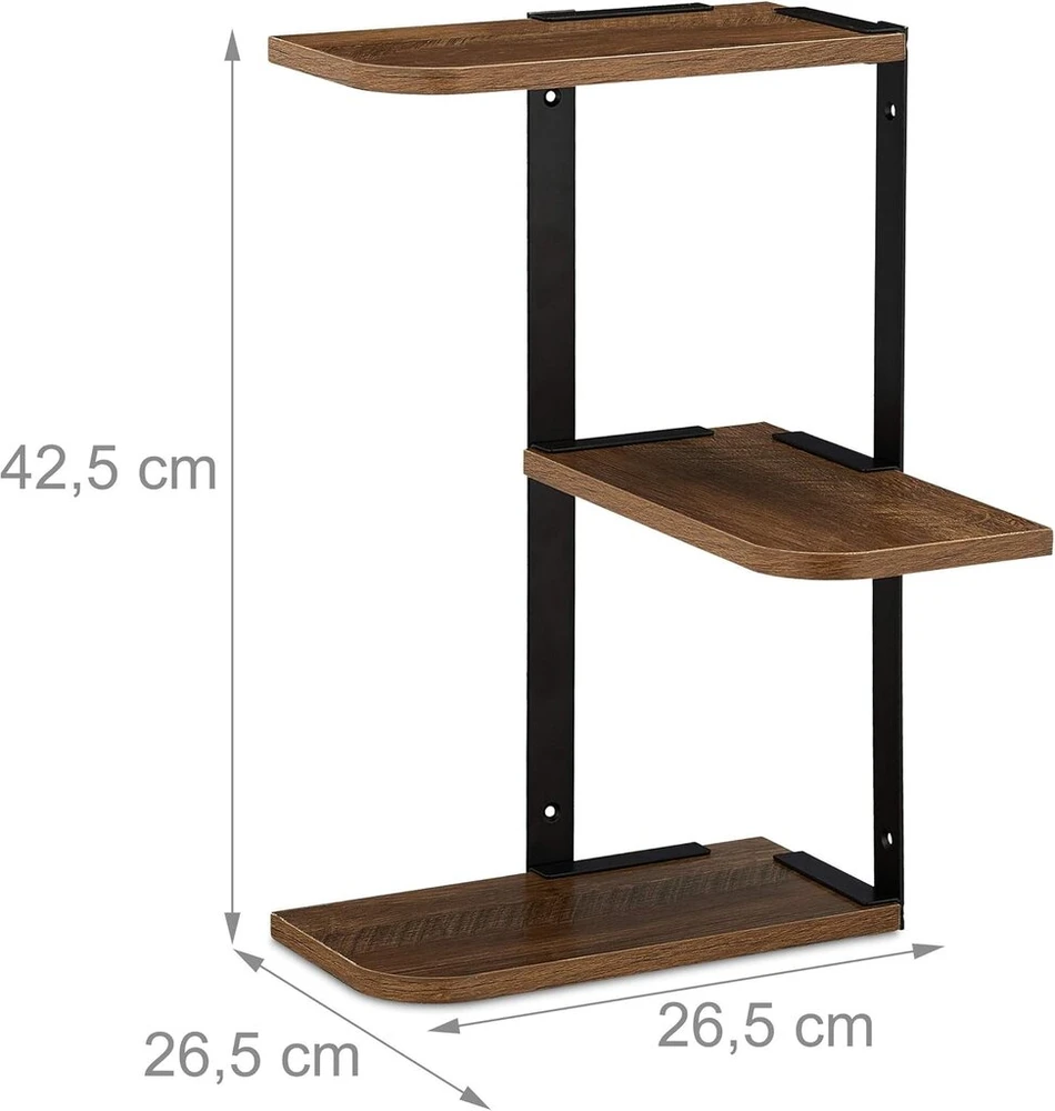 Relaxdays Kampinė Lentyna, 3 Zigzago Lentynos, A x P x G: 42.5 x 26.5 x 26.5 cm, Sieninė Lentyna, Svetainei, Virtuvei, Mdf, Metalas, Ruda/juoda