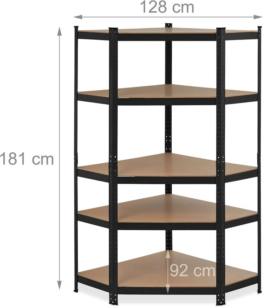 Relaxdays kampinis didelio apkrovimo lentynų blokas, galvanizuotas, apkrova iki 875 kg, 181 x 128 x 92 cm, 5 lentynos, įstatomos plieninės kampinės lentynos, juodos spalvos