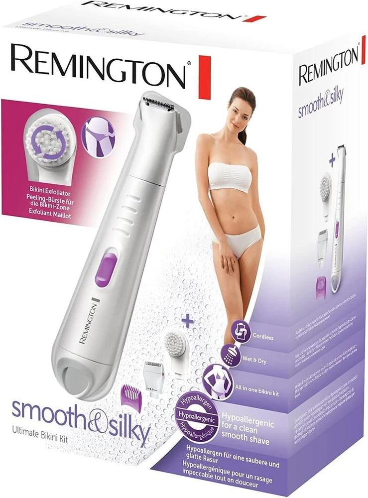 Remington bikini rinkinys smooth & silky Wpg4035, atsparus vandeniui, įsk. šveitimo šepetėlis, mini folijos skutimosi priedas, šukų priedas, baltas