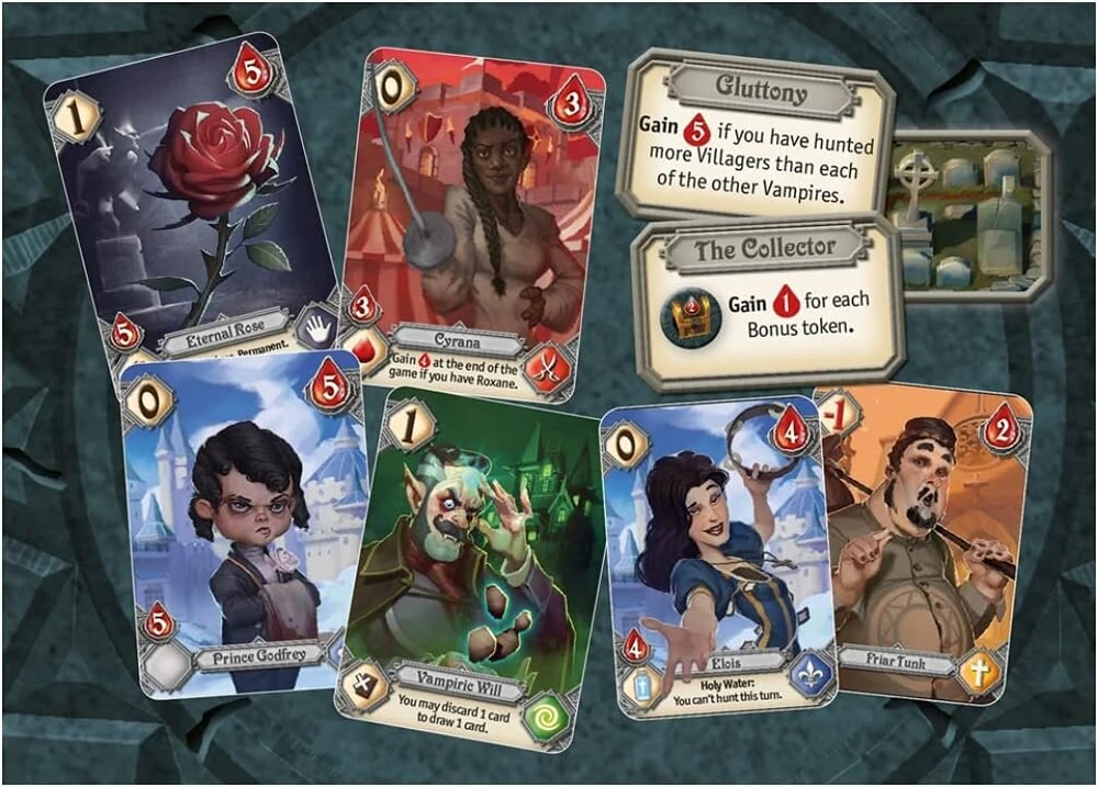 Renegade Game Studios | The Hunger | kortų kaladės konstravimo stalo žaidimas | strateginis vampyrų nuotykis, kuriame lenktyniaujate į rožę | varžybinis žaidimas 2–6 žaidėjams nuo 14 metų | anglų kalba