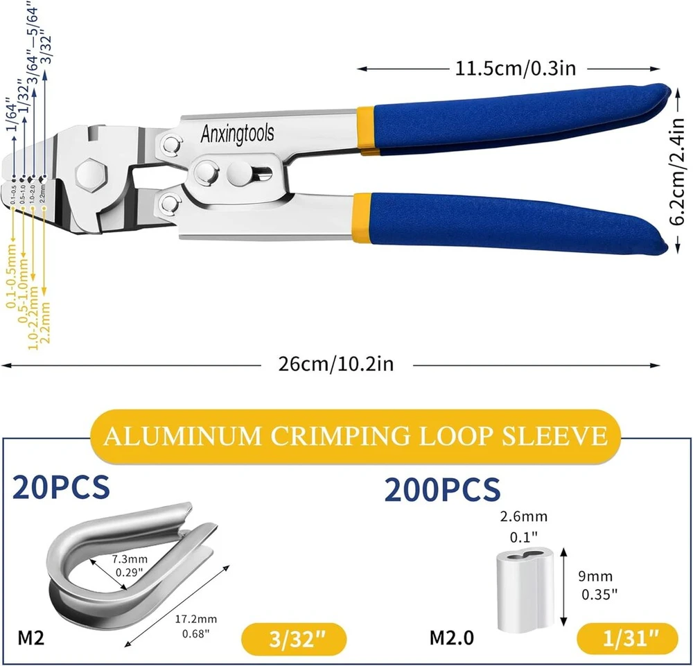 Replės vielinėms virvėms presuoti, Anxingtools kabelių antgaliai iki 2,2 mm su 200 aliuminio dvigubų įvorių presavimo kilpomis ir 20 nerūdijančio plieno antpirščių asortimentas