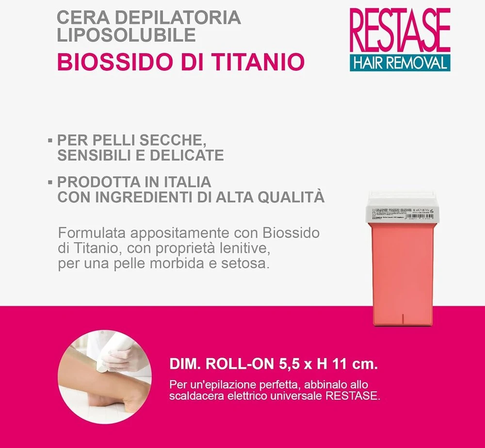Restase riebaluose tirpus plaukų šalinimo vaško aplikatorius su titano dioksidu sausai, jautriai ir labai jautriai odai 50 ml, pagamintas Italijoje