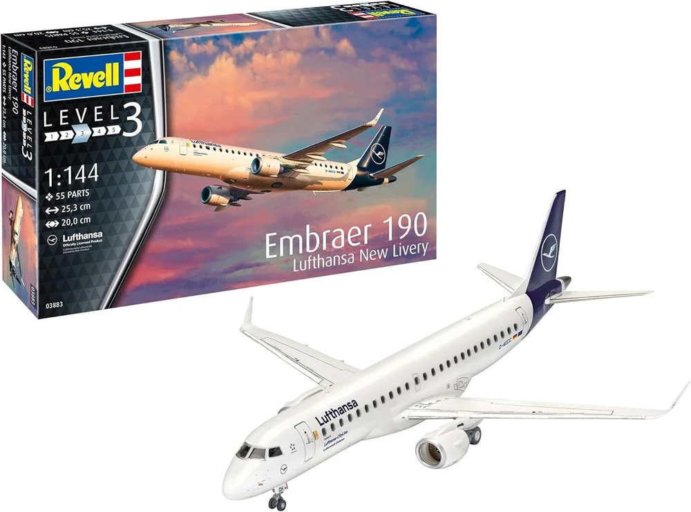 Revell modeliavimas, Embraer 190 Lufthansa New Livery, rinkinys 1:144, 55 dalys, amatų rinkinys nuo 10 metų - detalus modelis, lėktuvas, naujas dažymas, 1:144/25,3 cm