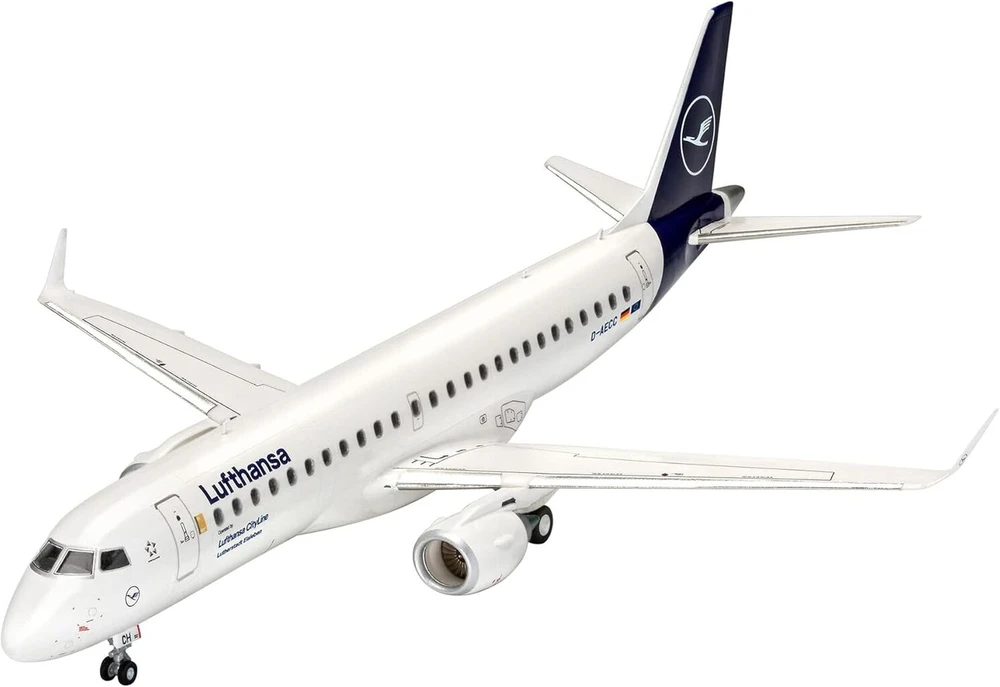 Revell modeliavimas, Embraer 190 Lufthansa New Livery, rinkinys 1:144, 55 dalys, amatų rinkinys nuo 10 metų - detalus modelis, lėktuvas, naujas dažymas, 1:144/25,3 cm