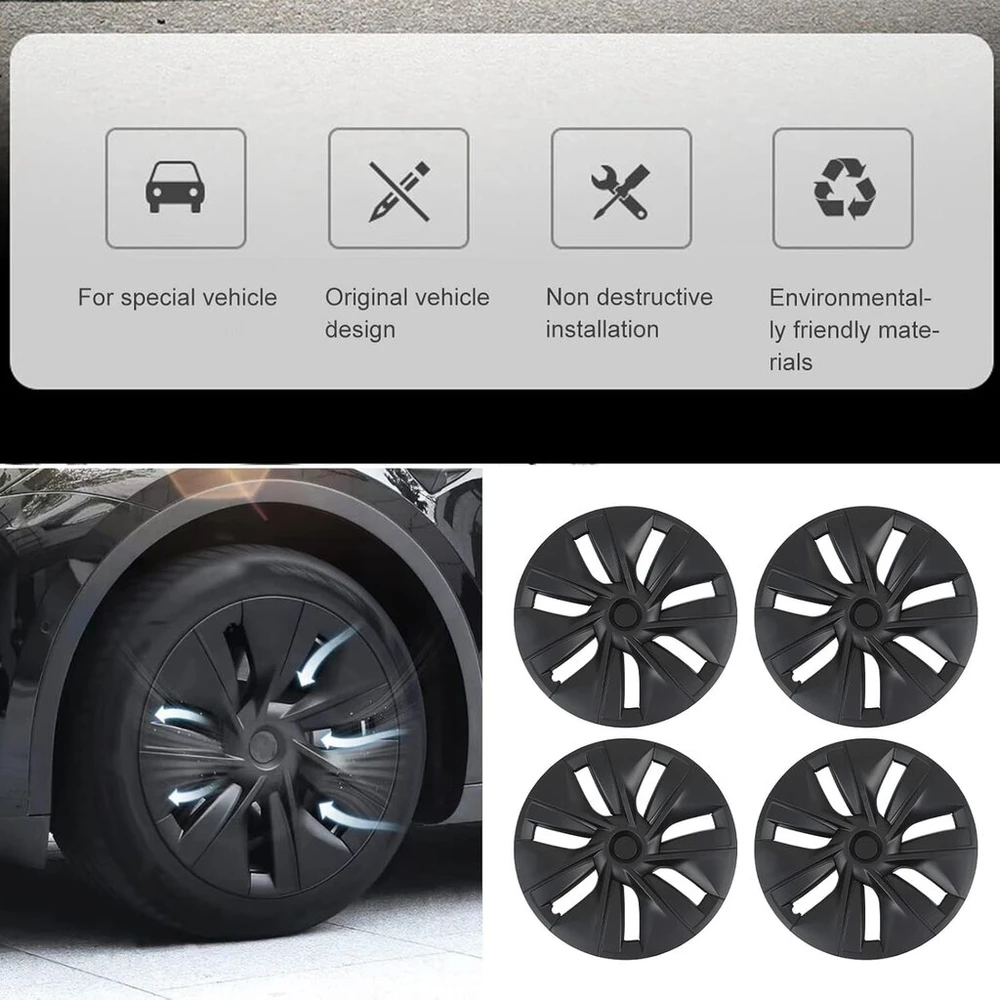 Rhinotuning Menduner ratų gaubtai 19 colių, 4 vnt., matinė juoda, atsparūs įbrėžimams, stilingi, puikus pakaitalas Model Y 2020–2023