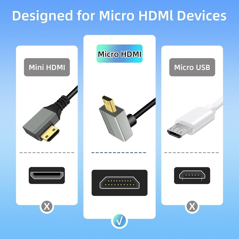 Riieyoca 8k Micro Hdmi į Hdmi adapterio kabelis, 90 laipsnių kampu aukštyn Micro Hdmi Male į Hdmi Male 8k@60hz 4k@120hz 48gbps didelės spartos Hdmi 2.1 jungties kabelis nešiojamam kompiuteriui, televizoriui (0.5m)