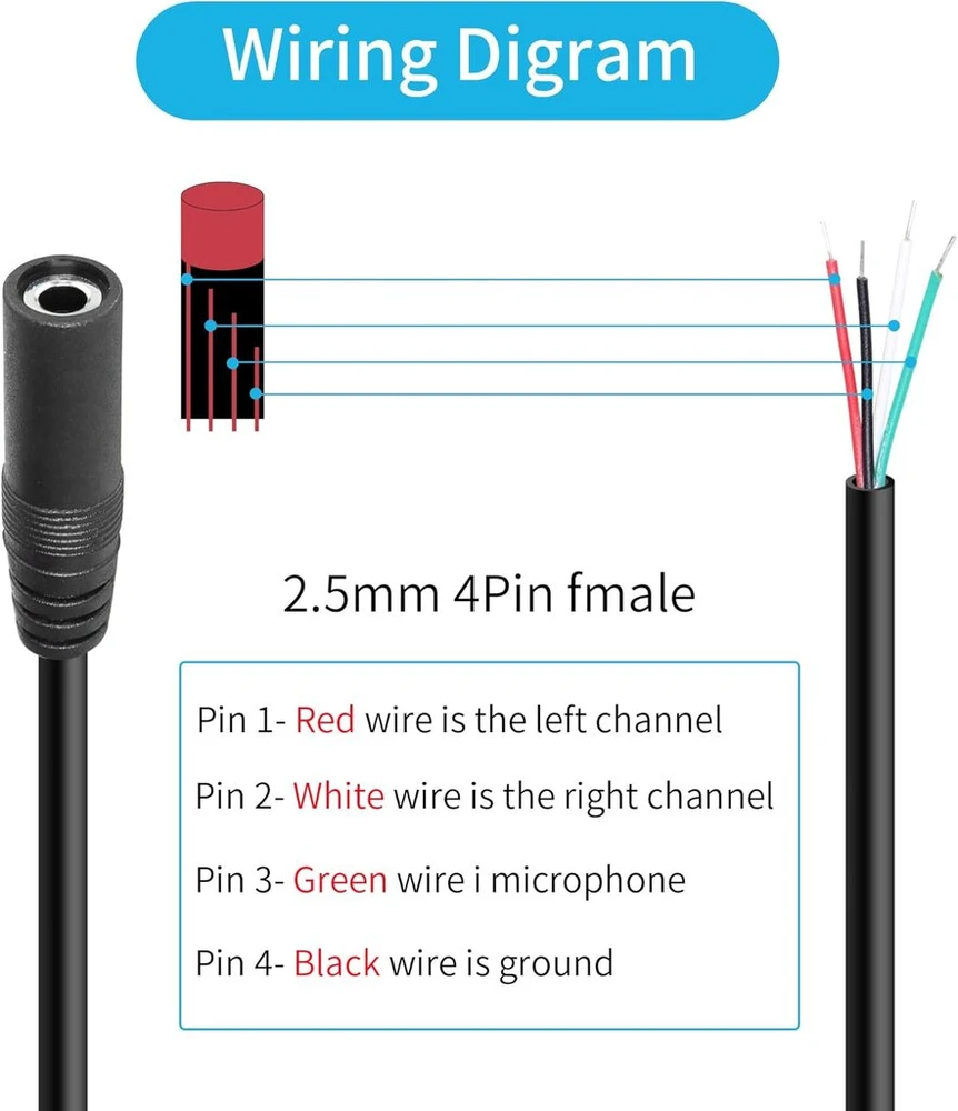 Riieyoca pakeitimo 3.5mm lizdas į pliką laidą atviru galu 1/8" trrs 4 kontaktų stereo audio kabelis įrangai montuoti arba ausinių mikrofono kabelių remontui 1m (4 vnt.)