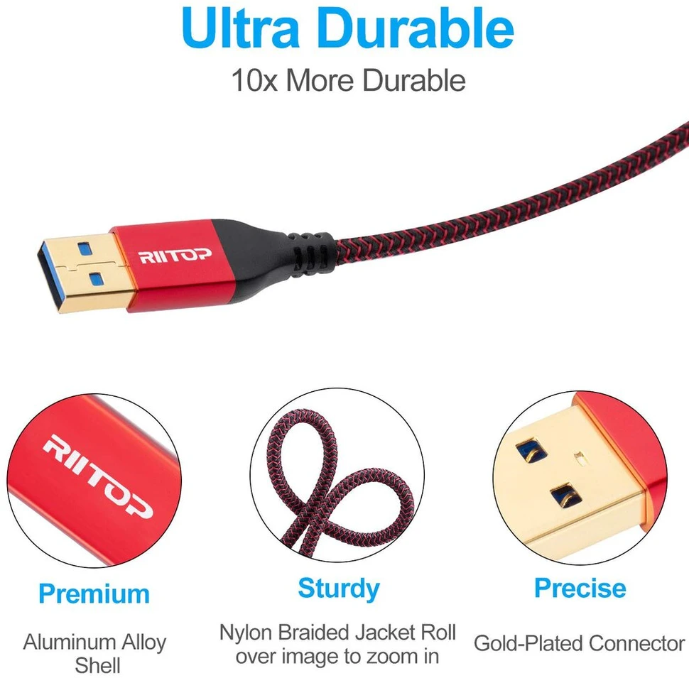 Riitop usb 3.0 ilginamasis kabelis trumpas 0.3 m (4 vnt.), usb 3, type a, nuo vyriško iki moteriško, 30 cm, nailoninis ilginamasis kabelis, 5 gbps itin greitas