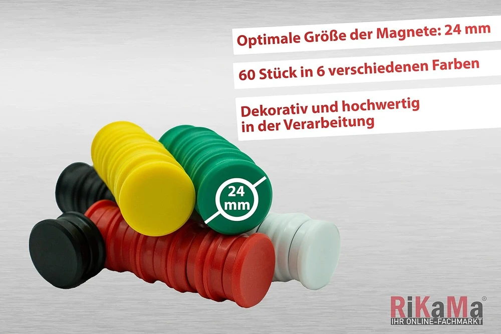 Rikama® stiprūs magnetai magnetinei lentai, skersmuo 24 mm - skirti baltajai lentai, šaldytuvui, mokyklinei lentai, magnetinei sienelei, dokumentų spintelei ir kitiems metaliniams paviršiams - prilipimo jėga iki 10 Din A4 formato lapų (mišinys)