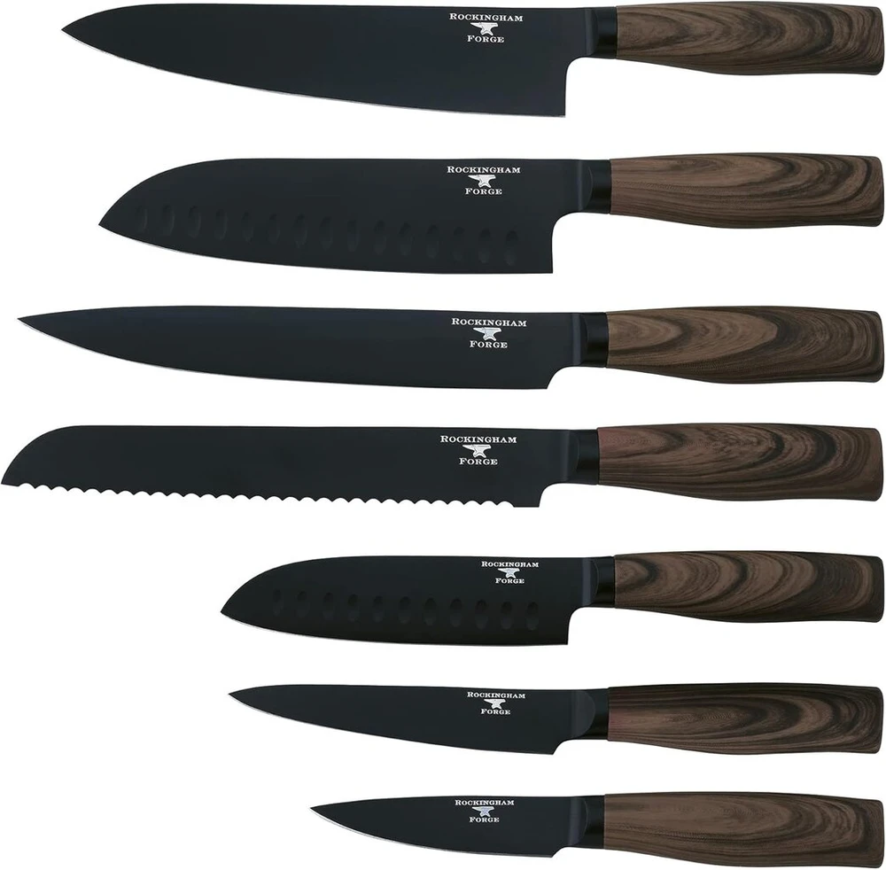 Rockingham Forge Forester Series 8 colių dantytas peilis duonai - nerūdijančio plieno ašmenys su juodos spalvos oksido danga, ergonomiška medinė rankena