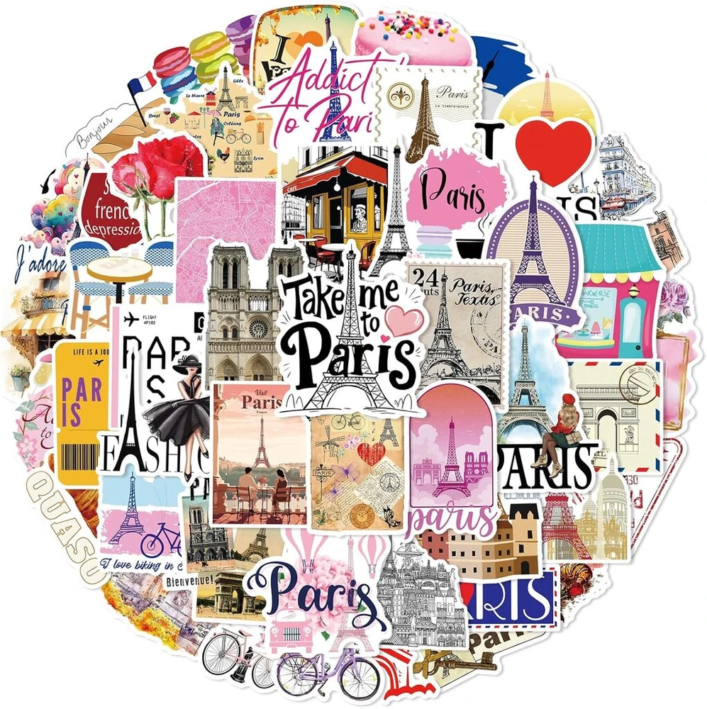 Romantiški Prancūzijos lipdukai Paris lipdukų rinkinys, 50 vnt., skirti riedlentėms, grafiti, motociklams, dviračiams, snieglentėms, bagažui, nešiojamam kompiuteriui, automobiliui, lagaminui vaikams ir paaugliams, vandeniui atsparūs vinilo lipdukai