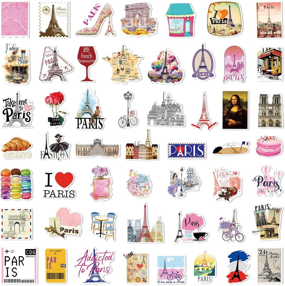 Romantiški Prancūzijos lipdukai Paris lipdukų rinkinys, 50 vnt., skirti riedlentėms, grafiti, motociklams, dviračiams, snieglentėms, bagažui, nešiojamam kompiuteriui, automobiliui, lagaminui vaikams ir paaugliams, vandeniui atsparūs vinilo lipdukai
