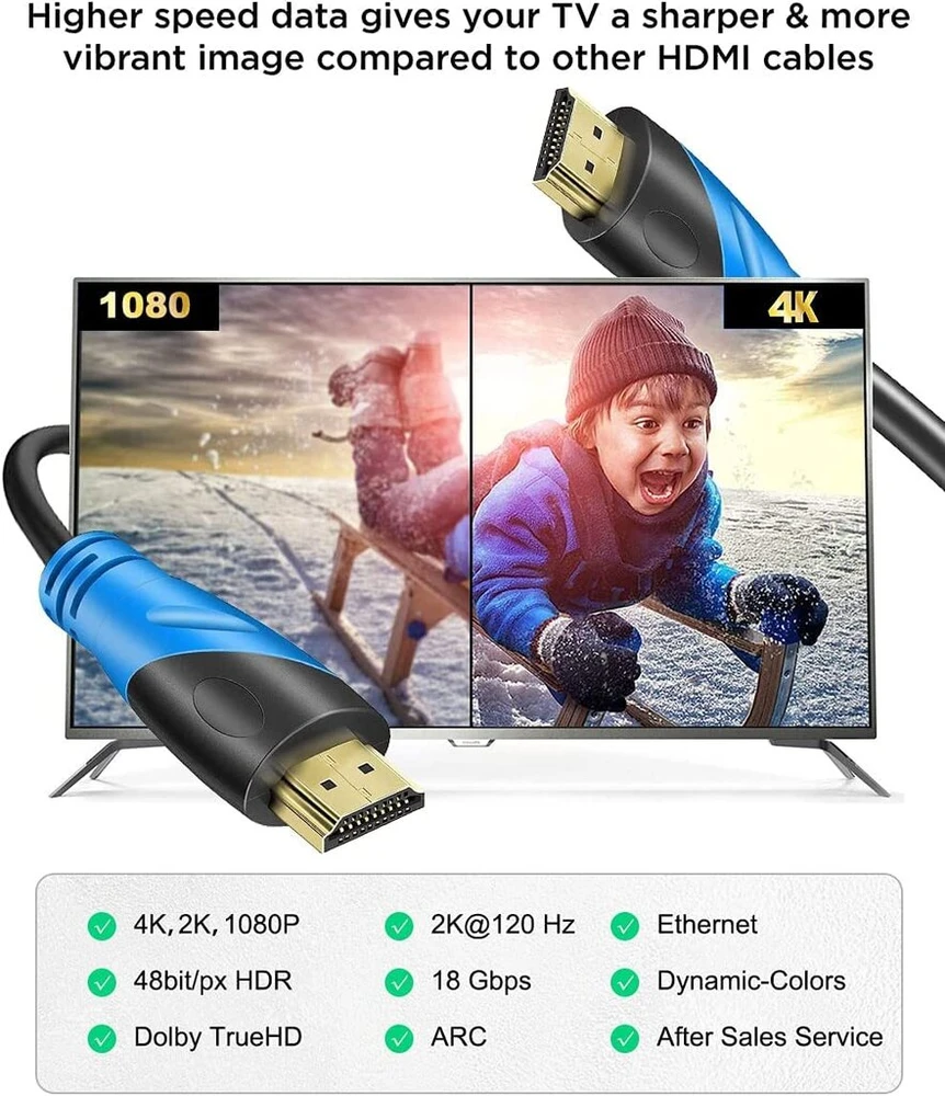 Rommisie 4k/60hz Hdmi kabelis 1 m (hdmi 2.0, 18 Gbps) itin didelės spartos paauksuotos jungtys, ethernet audio return video 4k, full Hd1080p, 3d compatible blu-ray laptop ps3 ps5 ps9 pc hdtv