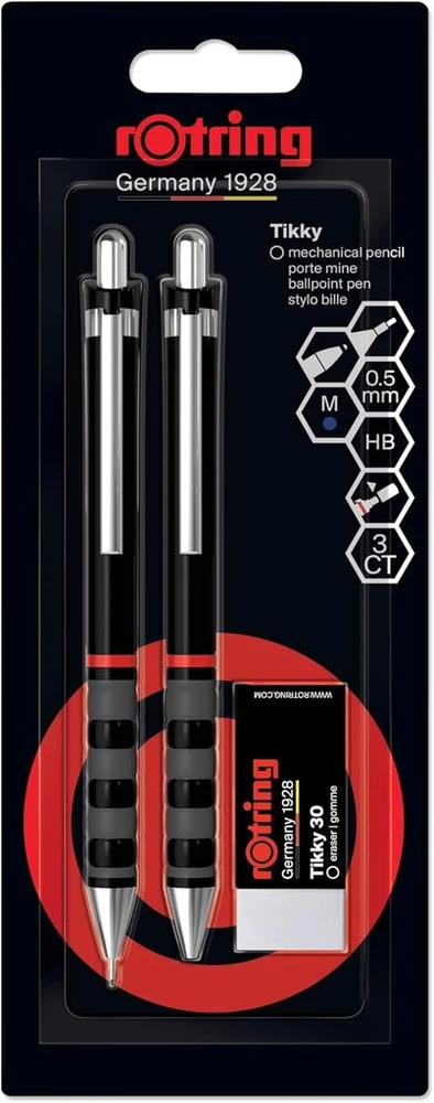 Rotring Tikky plonas švino pieštuko, rašiklio ir trintuko rinkinys | Pieštukas su hb švinuku, 0,5 mm | Vidutinio storio rašymo priemonė | Juodas korpusas | Lengvas su gumuota rankena