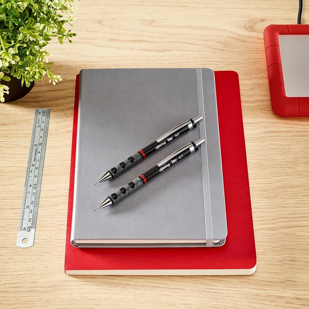 Rotring Tikky plonas švino pieštuko, rašiklio ir trintuko rinkinys | Pieštukas su hb švinuku, 0,5 mm | Vidutinio storio rašymo priemonė | Juodas korpusas | Lengvas su gumuota rankena