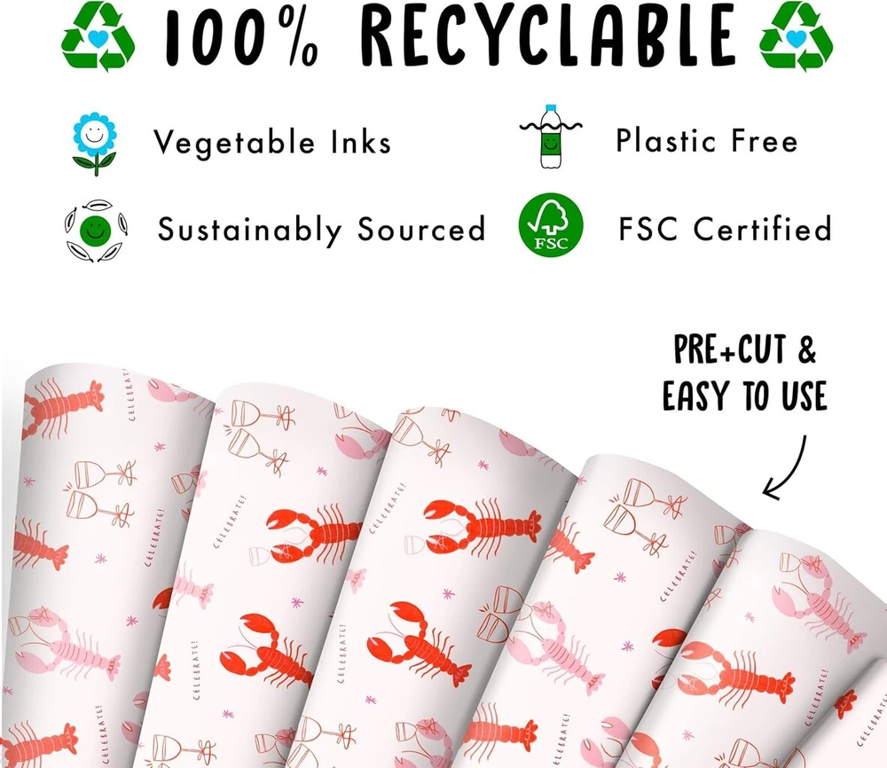 Rožinis dovanų pakavimo popierius jai - 6 dovanų pakavimo popieriaus lapai su etiketėmis - Celebrate Lobster - gyvūnų pakavimo popierius gimtadieniui, vestuvėms, jubiliejui, Valentino dienai - perdirbamas - Central 23