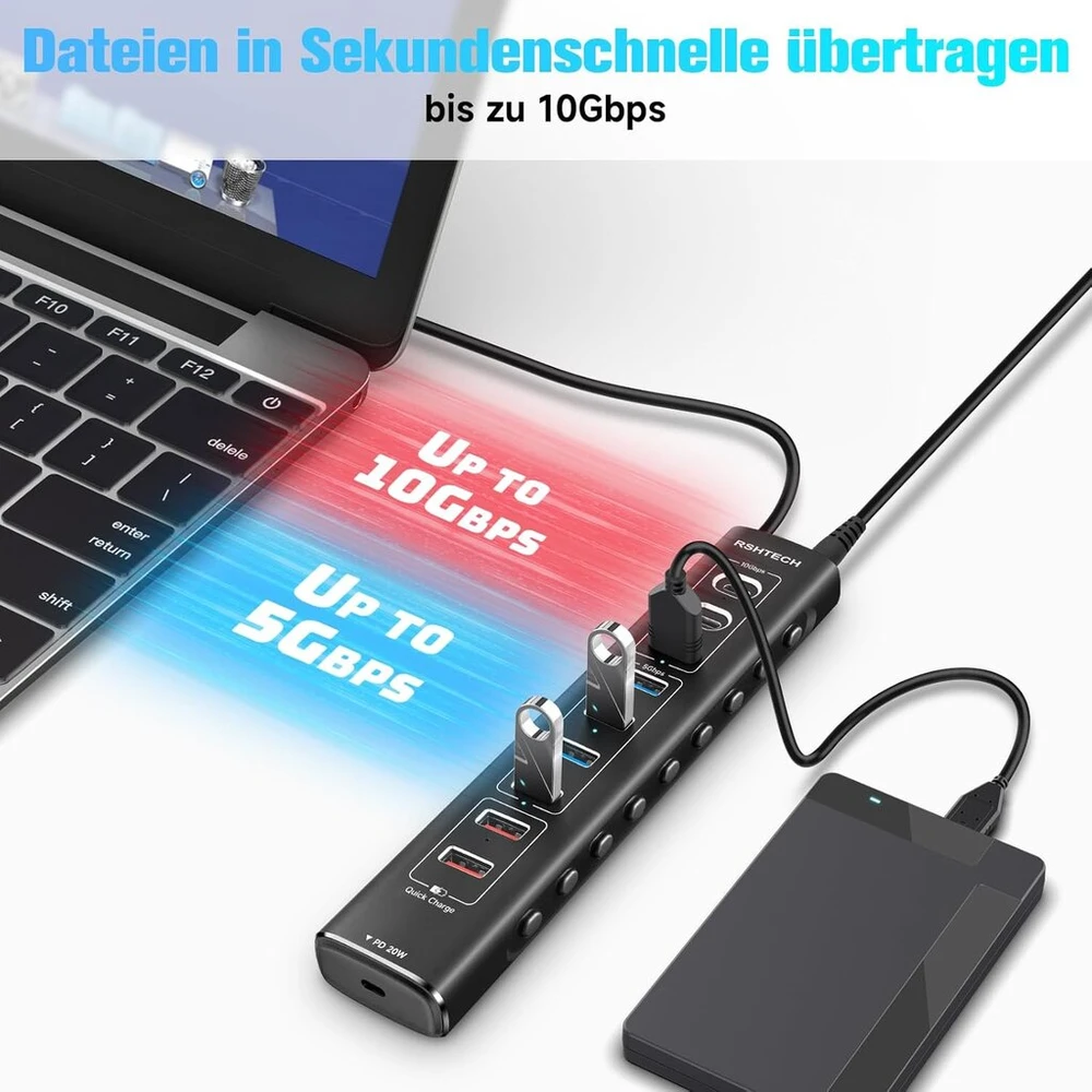 Rshtech 10-port Usb-c 3.0/3.2 Hub su maitinimo adapteriu, 10gbps