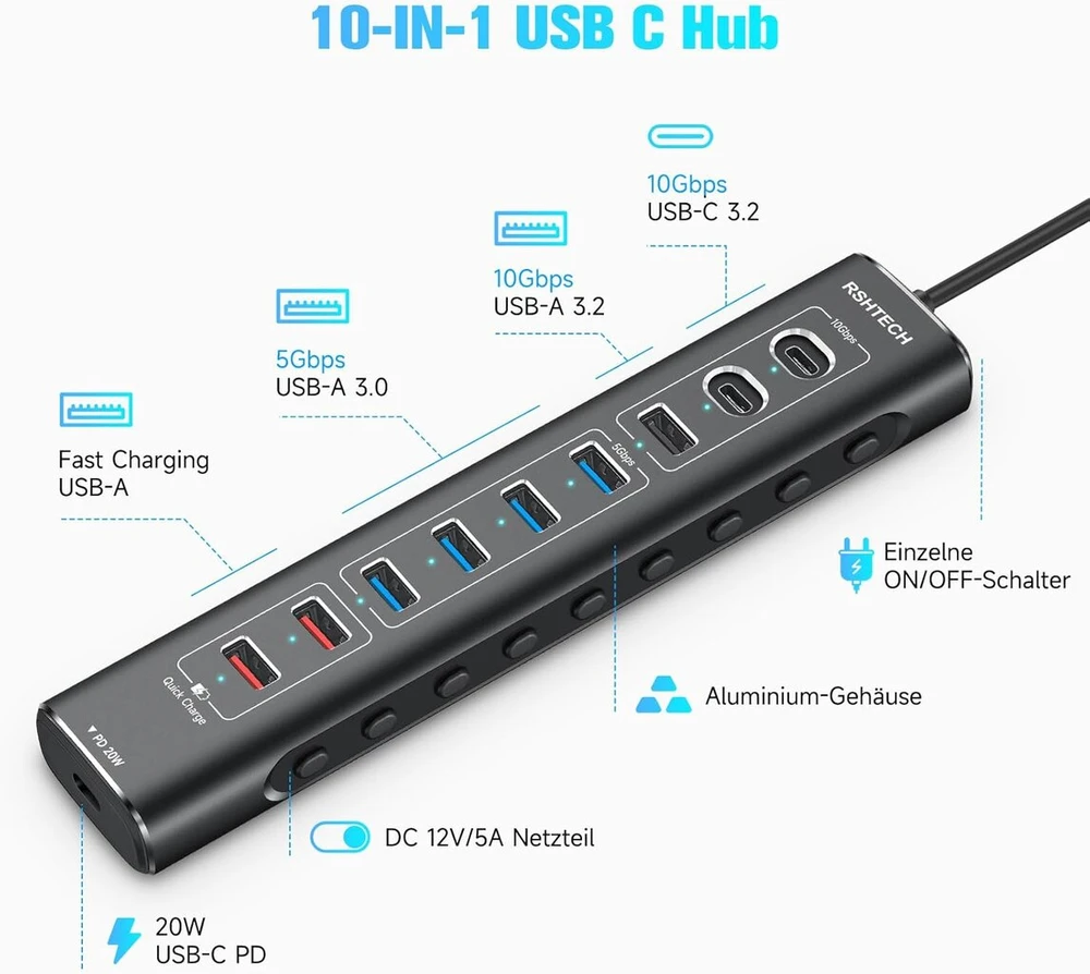 Rshtech 10-port Usb-c 3.0/3.2 Hub su maitinimo adapteriu, 10gbps
