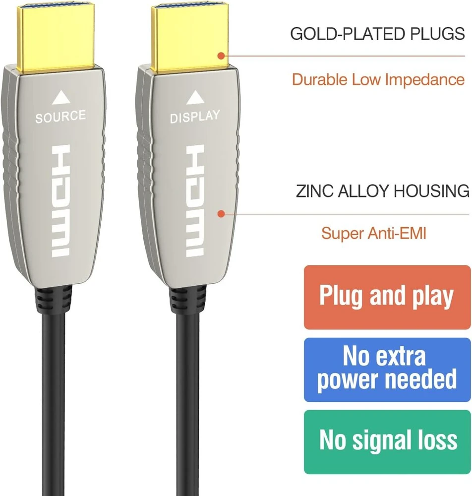 Ruipro 4k šviesolaidinis Hdmi kabelis 50 metrų 18gbps 4k @ 60hz Arc Hdr10 itin plonas lankstus Hdmi 2.0b kabelis