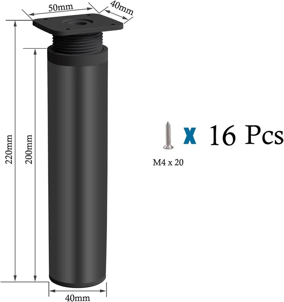 Rusoz baldų kojelės, reguliuojamo aukščio, 4 vnt., stalo kojos, 200 mm, aliumininės, reguliuojamos kojelės, 0-20 mm, baldų kojelės spintelėms, komodoms, sofai