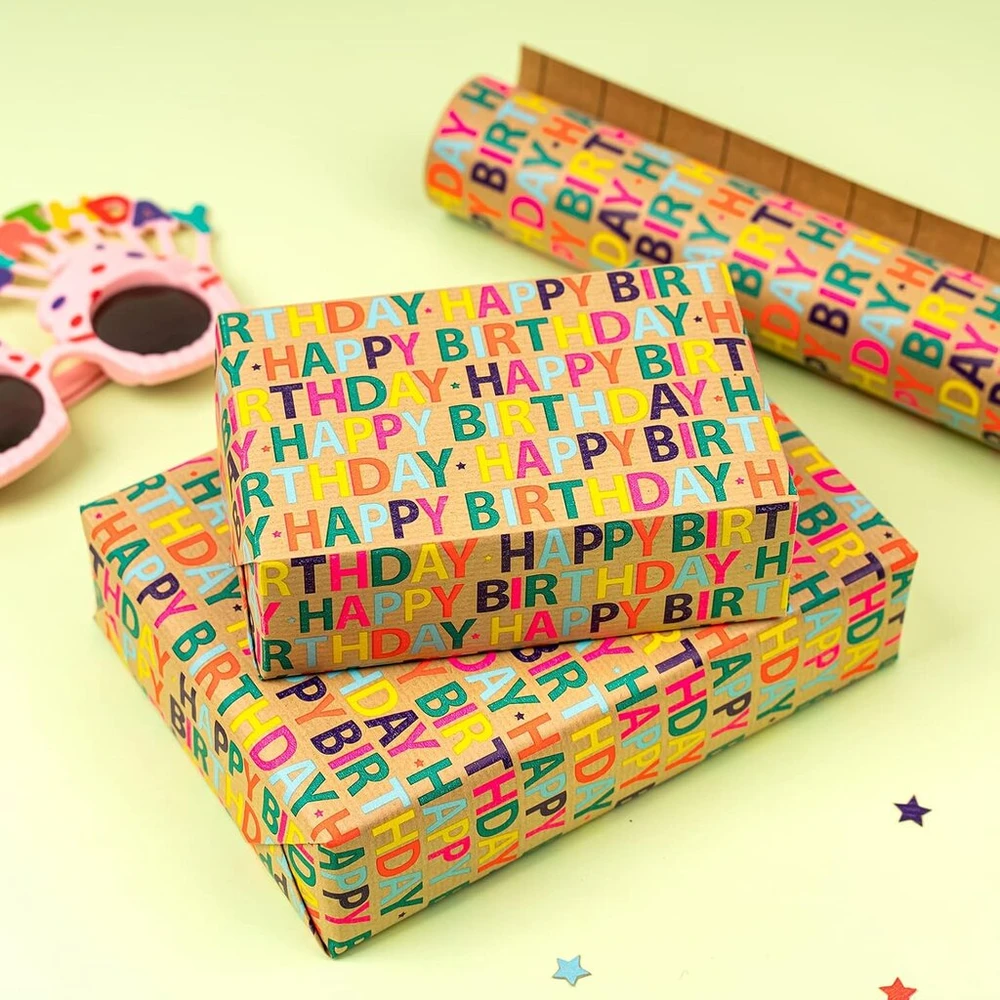 Ruspepa kraft popieriaus rulonas - colourful happy birthday raštas, idealiai tinka gimtadieniui, vakarėliui