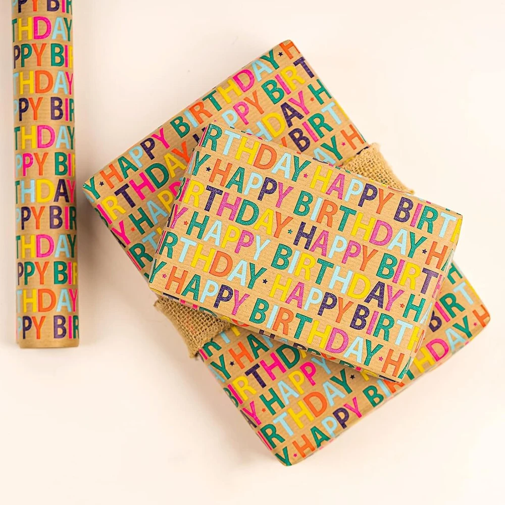 Ruspepa kraft popieriaus rulonas - colourful happy birthday raštas, idealiai tinka gimtadieniui, vakarėliui