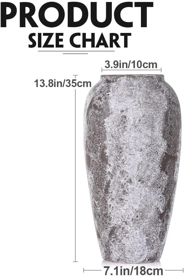 Rustikinė keraminė vaza gėlėms, 35 cm aukščio terakotos keraminė vaza sodybos dekorui, didelė vintažinė molio vaza svetainei, prieškambariui, grindims, stalo dekorui, antikvarinė dekoratyvinė vaza