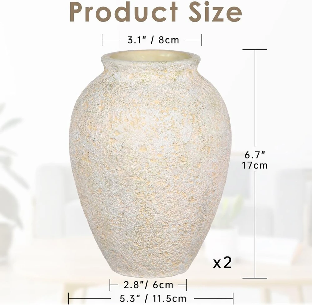 Rustiška keraminė vaza - maža dekoratyvinė 17 cm vaza su tekstūra džiovintoms gėlėms ir pampų žolei - boho ir moderni - balta