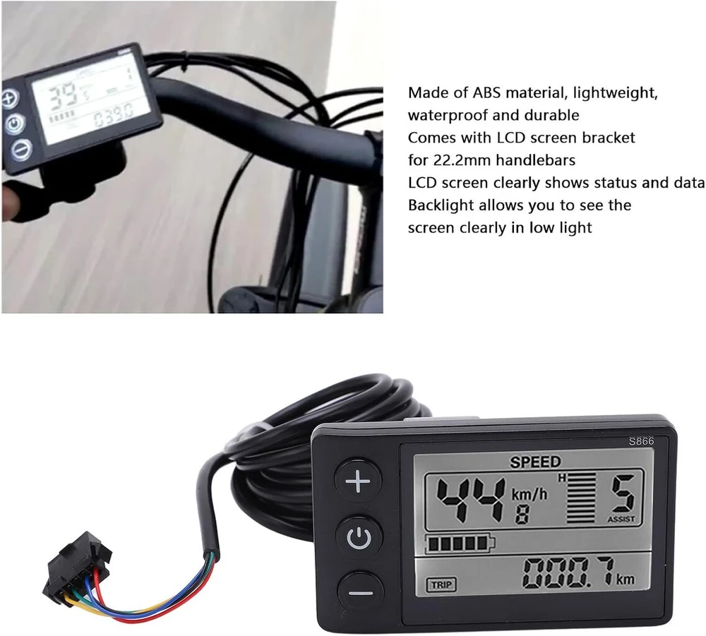 S866 dviračio kompiuteris Lcd matuoklis elektriniams dviračiams, 24v 36v 48v elektrinio paspirtuko valdymo skydelis su Sm kištuku dviračio spidometras odometras 22.2mm vairui
