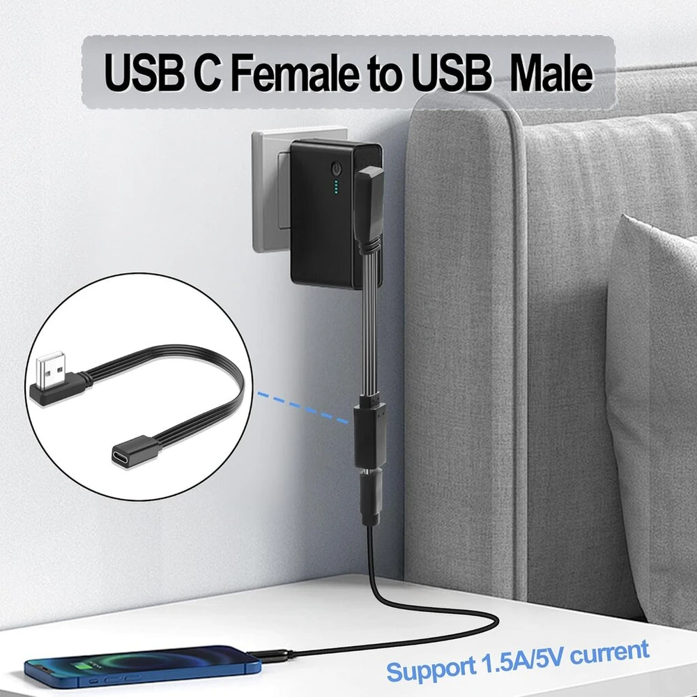 Sadzkj usb į usb-c kabelis 90 laipsnių kampu usb 2.0 male į usb type c female konverterio adapteris trumpas usba į type c kabelis duomenų perdavimui ir įkrovimui pc, nešiojamam kompiuteriui 20 cm (stačiu kampu)