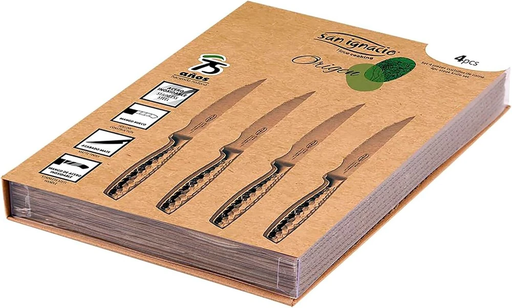 San Ignacio Compact – 4 nerūdijančio plieno chuletero peilių rinkinys – 20 cm šefo peilis + santaku peilis 17 cm + universalus peilis 12 cm + skutimo peilis – tinka kepsniams