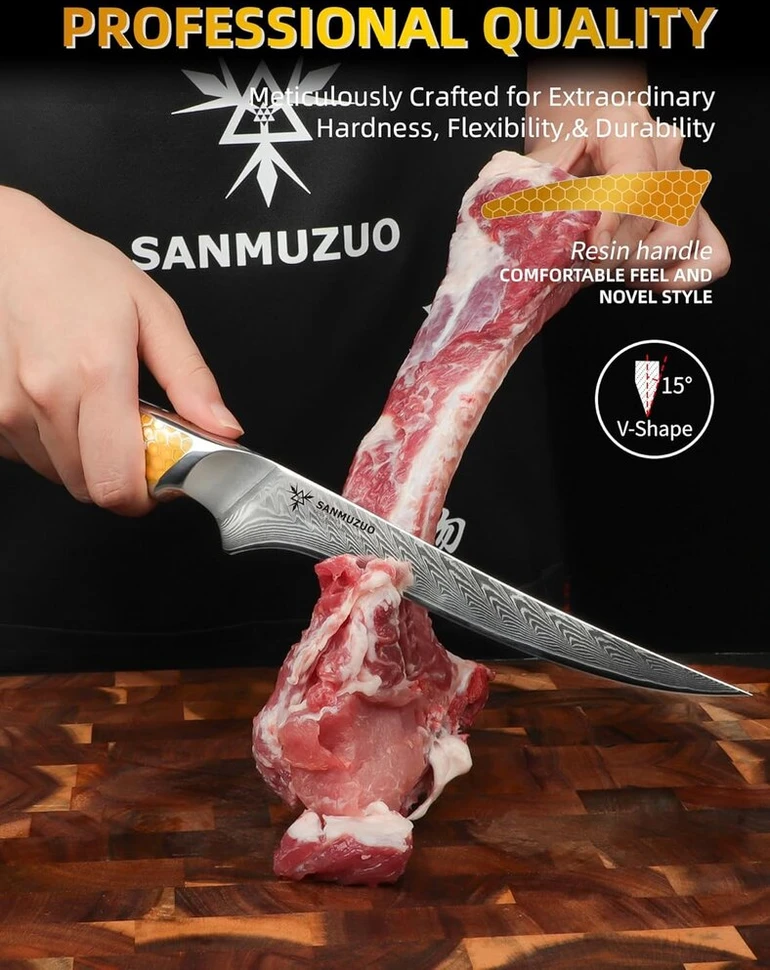 Sanmuzuo la-s9 serijos filetinimo peilis, virtuvinis ir žuvies peilis pagamintas iš japoniško vg-10 damasko plieno, itin aštrus peilis kaulams išpjauti su ergonomiška geltona dervos rankena, 18 cm