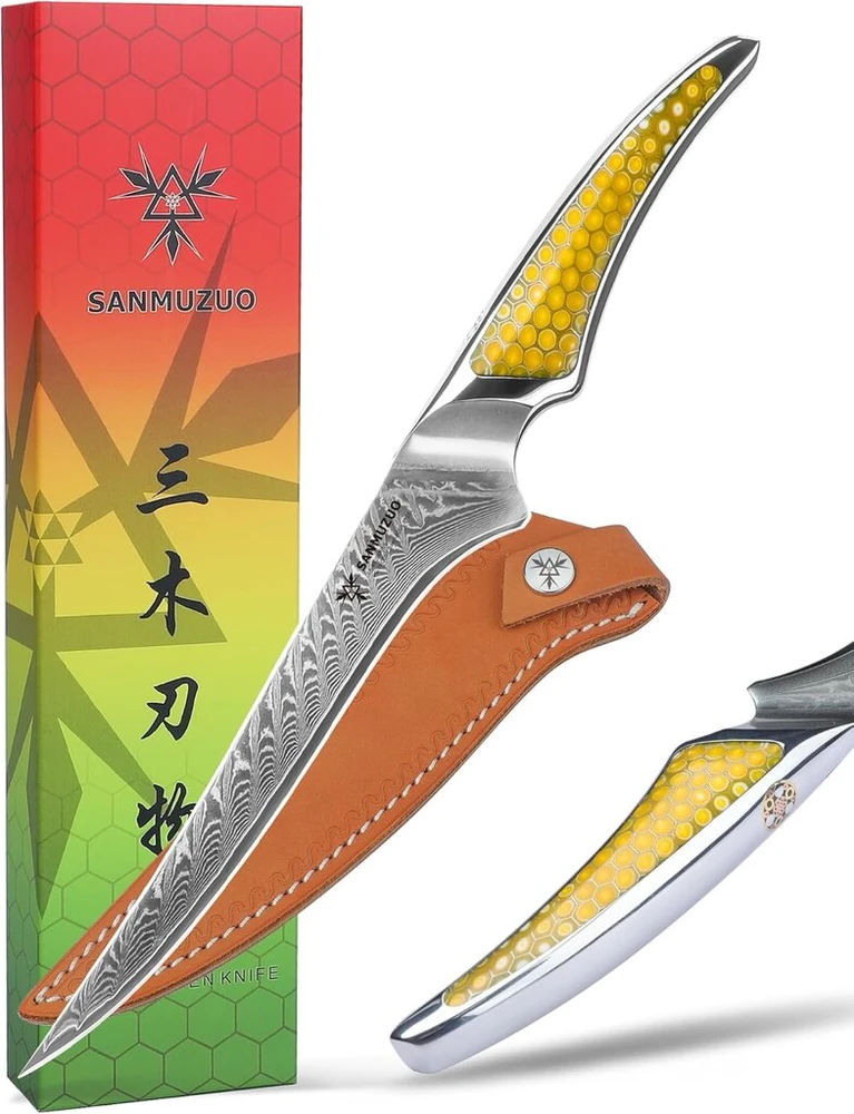 Sanmuzuo la-s9 serijos filetinimo peilis, virtuvinis ir žuvies peilis pagamintas iš japoniško vg-10 damasko plieno, itin aštrus peilis kaulams išpjauti su ergonomiška geltona dervos rankena, 18 cm