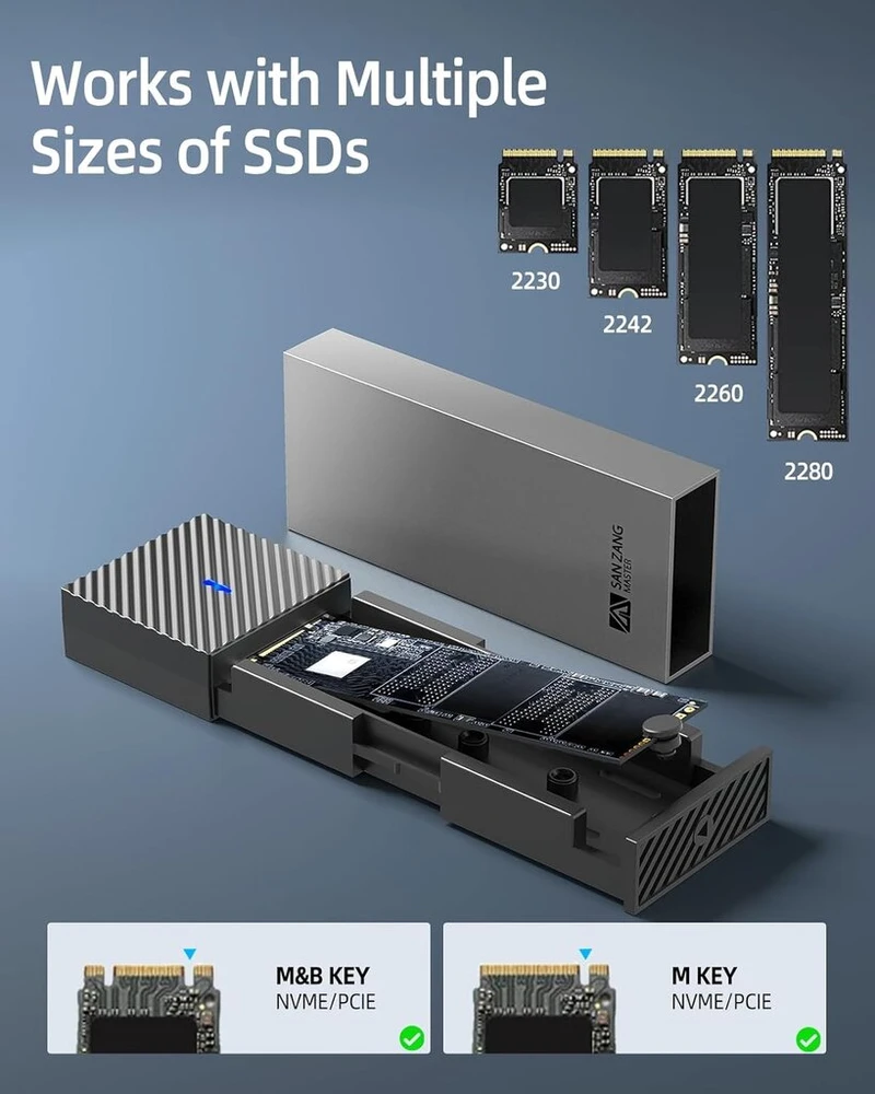 Sanzang M.2 Nvme Ssd dėklas su 10 Gbps perdavimu, Usb 3.2 adapteris, skirtas 2230 2242 2260 2280 Pcie Nvme M-key & M+b Key (be įrankių, Type C to C)